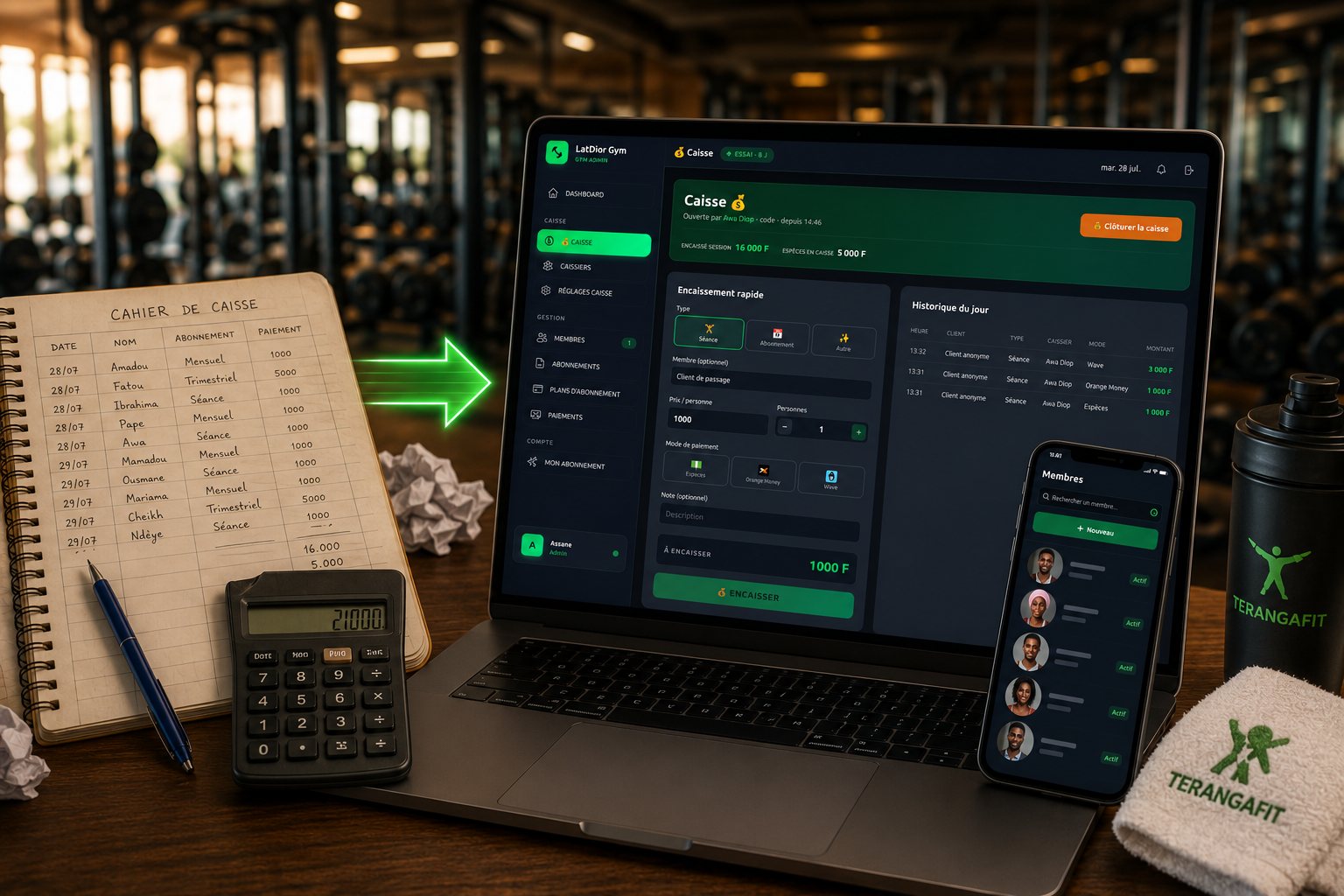 Le cahier de caisse papier remplacé par TerangaFit : caisse, membres et paiements sur ordinateur et mobile.